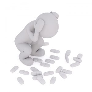 Illustration Figur umgeben von vielen Tabletten