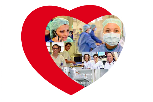 Grafik rotes Herz mit Collage von Krankenpflegern