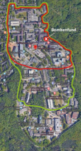 Karte mit eingezeichnetem Fundort der Fliegerbombe am Universitätsklinikum Bonn