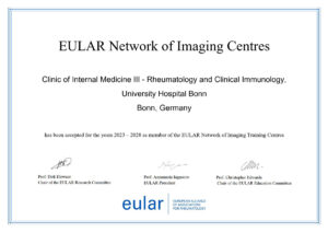 Urkunde zur Verleihung des Titels „EULAR Imaging Training Centre“ an die Sektion für Rheumatologie und Klinische Immunologie des Universitätsklinikums Bonn unter Leitung von PD Dr. Valentin Schäfer.