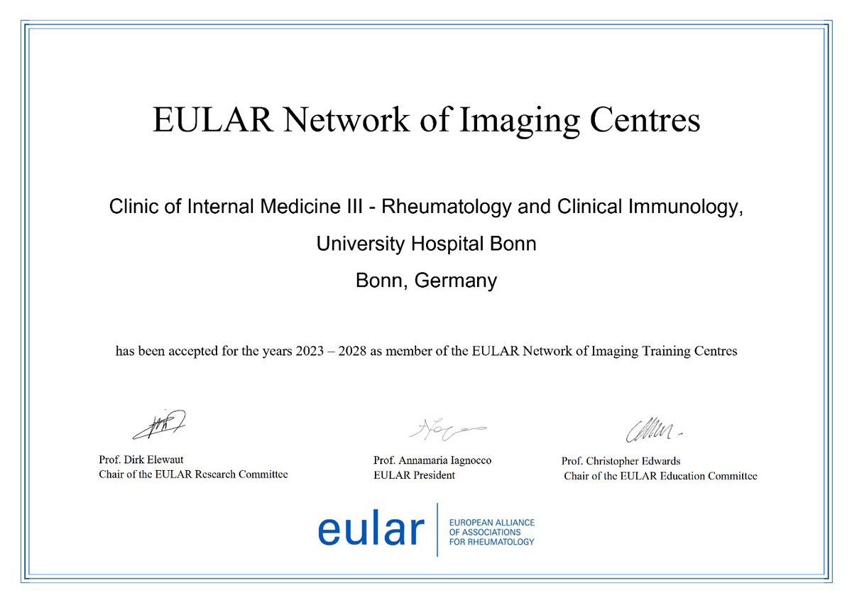 Urkunde zur Verleihung des Titels „EULAR Imaging Training Centre“ an die Sektion für Rheumatologie und Klinische Immunologie des Universitätsklinikums Bonn unter Leitung von PD Dr. Valentin Schäfer.