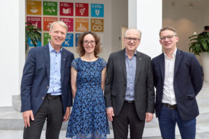 Die Sprecher von ImmunoSensation: (v. li.) Prof. Gunther Hartmann, Prof. Anja Schneider, Prof. Waldemar Kolanus (aktueller Sprecher, ImmunoSensation2) und Prof. Andreas Schlitzer (künftiger Sprecher ImmunoSensation3).